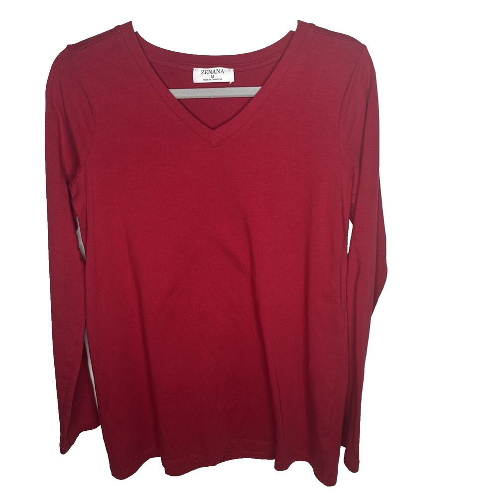 Zenana Outfitters V-Neck Long Sleeve T Shirt Basic M Plain Solid Cotton Spandex